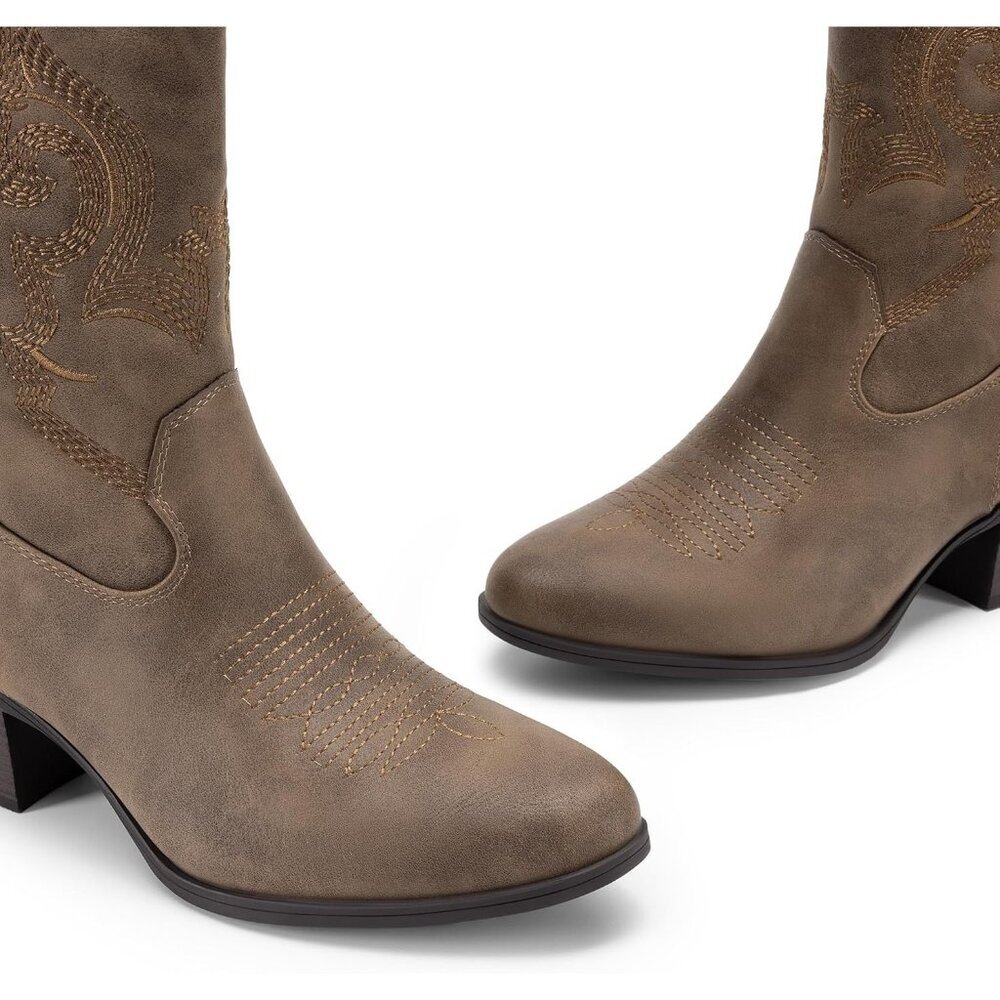 Dream Pairs Women's Camel Mid Calf Cowgirl Boots With Embroidery Round Toe - Picture 6 of 6